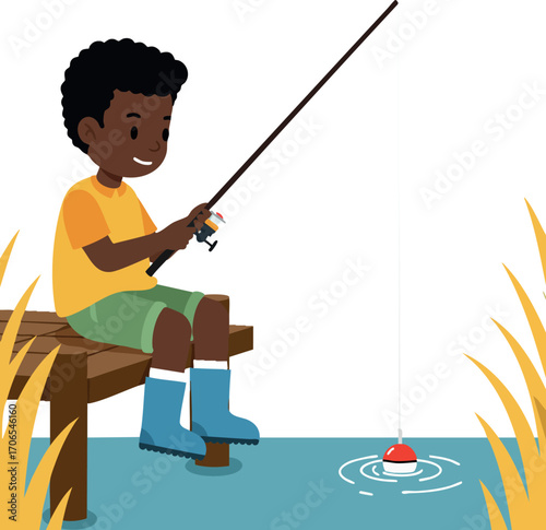 Boy fishing at peaceful pond with blue boots and yellow shirt enjoying summer leisure activity
