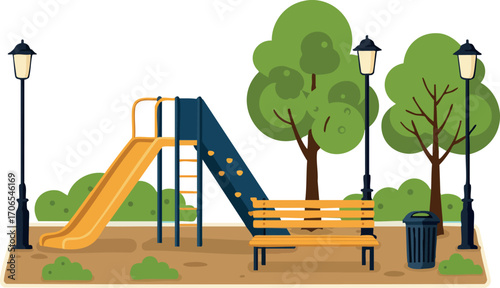 Playground slide with bench and trees in park scene featuring street lamps and trash bin vector illustration