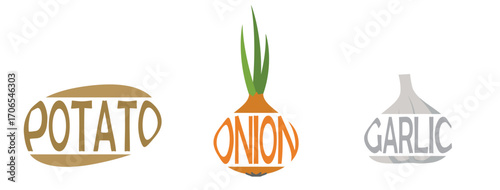 Creative typography artwork featuring the words potato, onion, and garlic shaped like their respective vegetables. Natural organic food. Isolated vector images