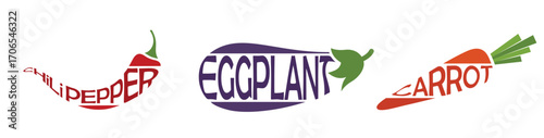 Stylized vegetable-themed illustration featuring the words REDCHILIPEPPER, CARROT, and EGGPLANT shaped like their respective vegetables. Natural organic food. Isolated vector images