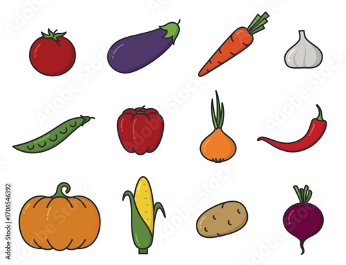 Vegetable illustrations set in cartoon-style. Planting and harvest symbols. Natural organic foods. Isolated vector images