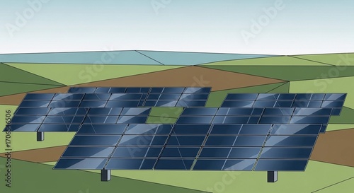 Sustainable Energy Solar Panels in Rural Landscape Illustration