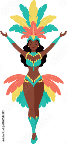 Carnival dancer wearing colorful feather costume with arms raised and joyful expression vector illustration