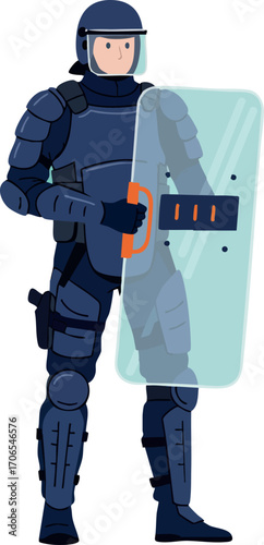 Police officer in full riot gear holding transparent shield and baton vector illustration for law enforcement and safety purposes