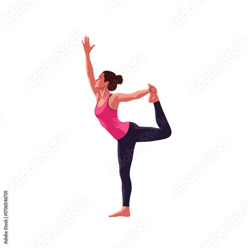 A woman in a pink tank top black leggings is doing a yoga pose, she is holding her foot one hand raising the other