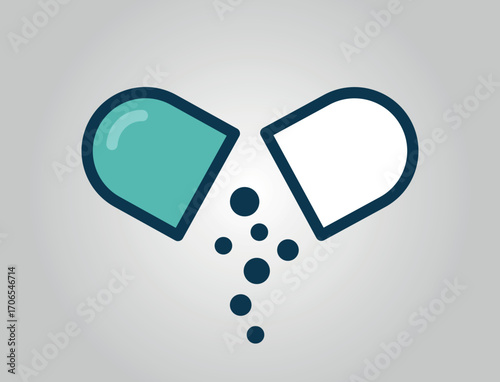 Open capsule pill. Medication and pharmacy symbol. Isolated vector image