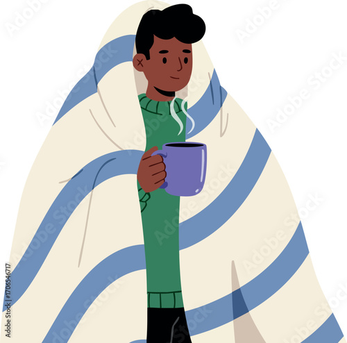 Man wrapped in striped blanket holding steaming cup wearing green sweater cozy winter vector illustration