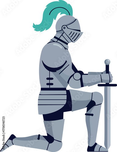Medieval knight in full armor kneeling with sword vector illustration in blue and gray tones for historical warrior theme
