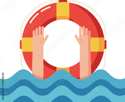 Hands Holding Red and Yellow Lifebuoy Ring Floating in Blue Water Vector Illustration for Safety and Rescue Concept