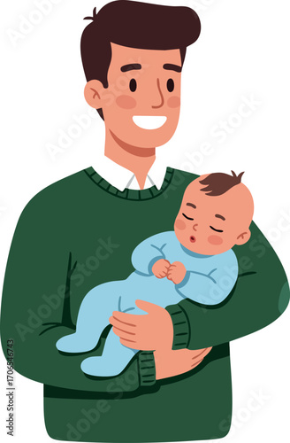 Father holding smiling newborn baby in green sweater caring for infant child vector illustration