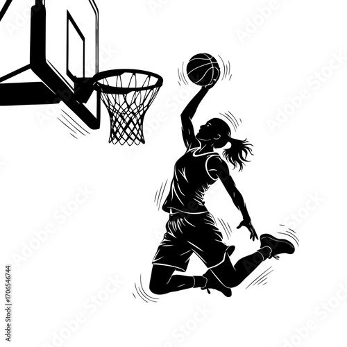 A female basketball player leaping to dunk the ball into the hoop, , athleticism determination in sports