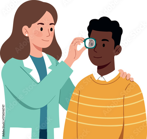 Female doctor examining male patient eyesight using handheld magnifier medical checkup healthcare vector illustration