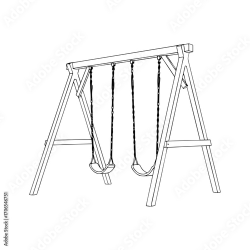 Vector art of a wooden swing set, two swings suspended a sturdy frame, perfect for play childhood fun in the backyard