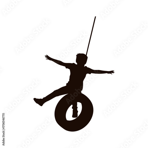A child having fun on a tire swing, arms outstretched, captured against an, evoking carefree joy childhood memories