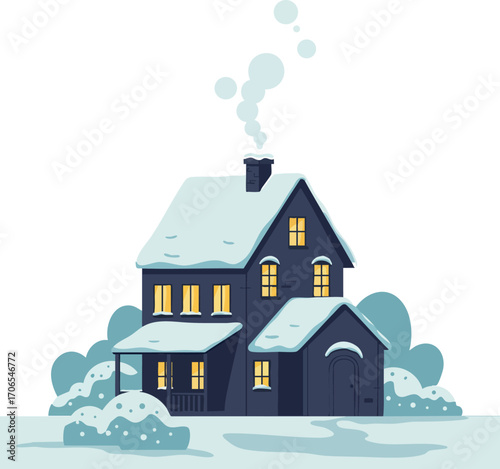 Snowy winter house with smoke from chimney and glowing windows cozy winter home scene vector illustration