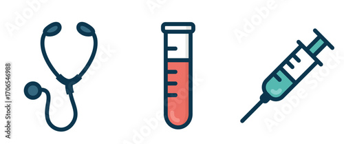 Set of flat medical icons including a stethoscope, syringe and test tube representing medical equipment used by healthcare professionals.