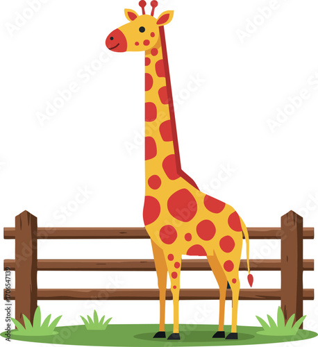 Giraffe with long neck and red spots standing near wooden fence in green grass vector illustration