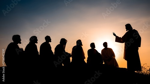 Teaching moment at sunset with a group of people listening intently in silhouette