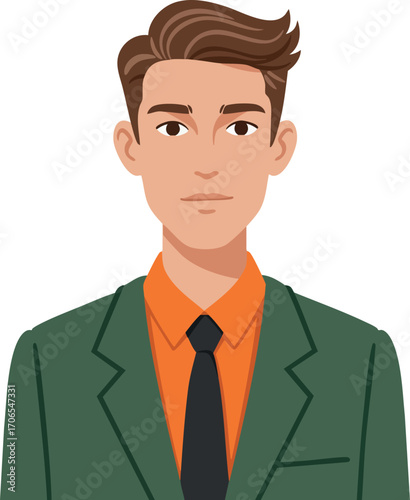 Young man in green suit jacket with orange shirt and black tie formal portrait vector illustration