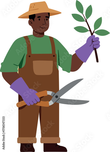 Gardener pruning green leafy plant with hedge shears wearing hat gloves and overalls vector illustration