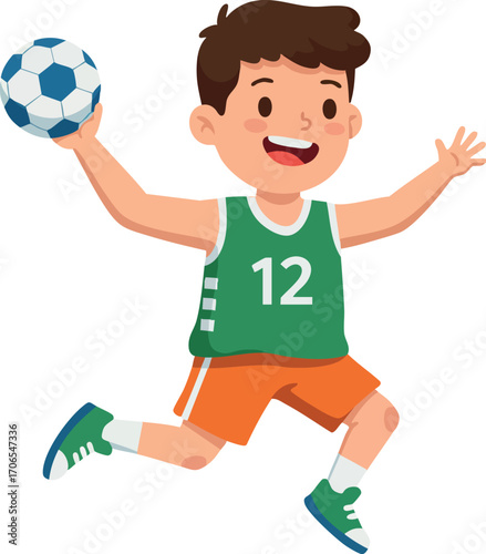 Boy playing handball jumping with ball in green jersey and orange shorts active sports kid vector illustration