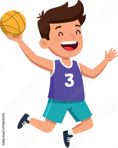 Boy playing basketball jumping with ball in purple jersey and teal shorts happy expression vector illustration