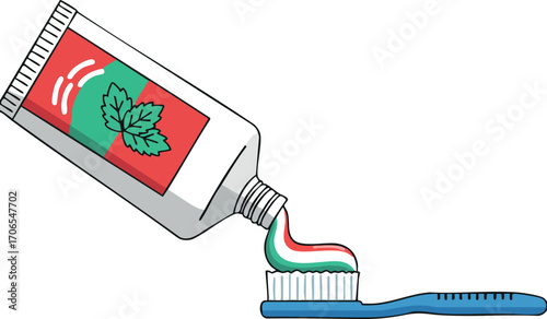 Toothpaste tube squeezing mint flavored paste onto blue toothbrush vector illustration