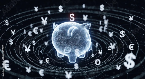 Digital Piggy Bank Surrounded by Global Currency Symbols