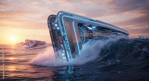 Futuristic Ship on Ocean Waves at Sunset