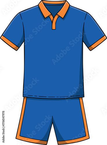 Blue sportswear set with orange trim polo shirt and shorts activewear outfit vector design
