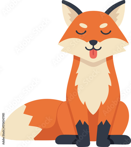 Cute cartoon fox sitting with eyes closed tongue out happy playful orange animal vector illustration