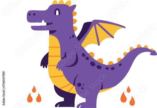 Purple dragon cartoon character with orange wings and scales fantasy creature vector design illustration