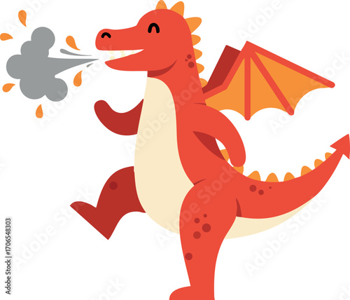 Red dragon breathing fire cute cartoon character vector illustration for children and fantasy themes