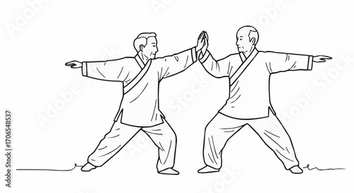 Two men practicing Tai Chi together in traditional uniforms  