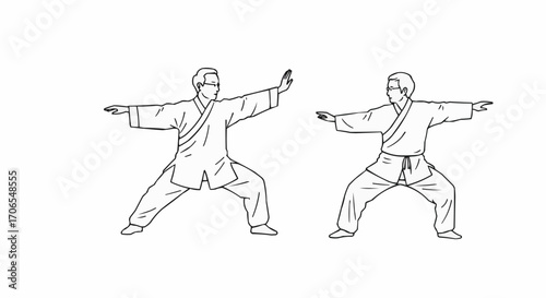 Two seniors practicing Tai Chi in traditional uniforms indoors  