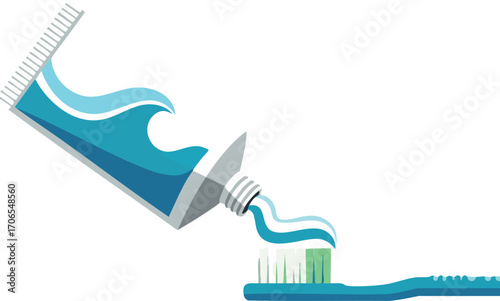 Toothpaste tube squeezing blue gel onto toothbrush bristles dental hygiene oral care vector illustration