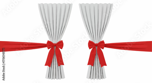 Window curtains tied with festive red ribbons like gift wrapping, isolated on white.