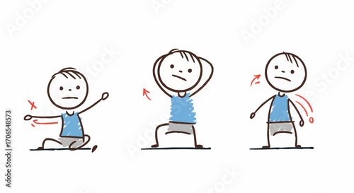 Stick figure performing neck exercises in three different poses  