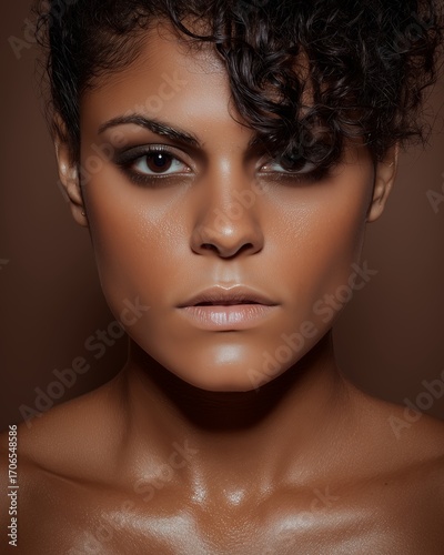 Intense portrait of woman with glowing skin and curly hair