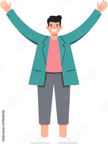 Young man smiling with raised arms wearing teal jacket and casual clothes vector illustration