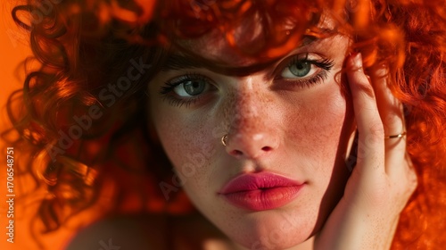 Close-up portrait of woman with red curly hair and freckles