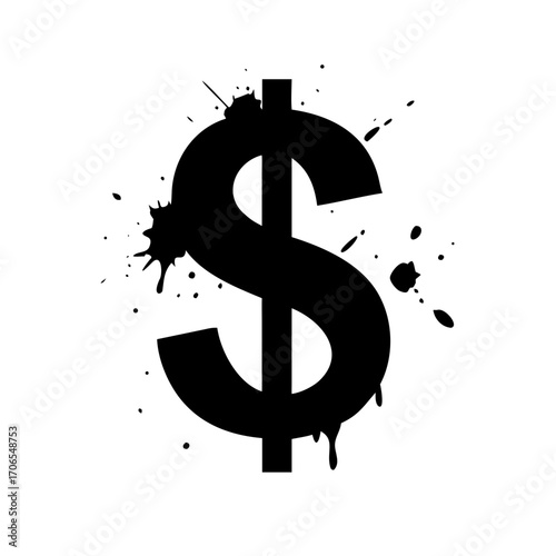 Bold Black Dollar Sign with Ink Splatters and Drips on White

