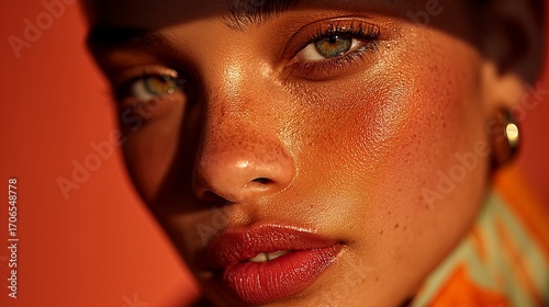 Extreme close-up portrait of woman with glowing skin and freckles