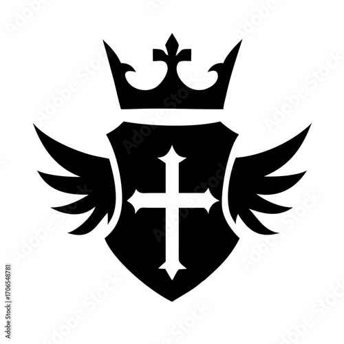 Bold Black Royal Cross Emblem with Crown and Wings Silhouette