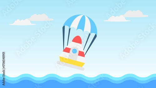 Illustration of a space capsule landing in the ocean after conducting research in space. Vector background for education, science and technology.