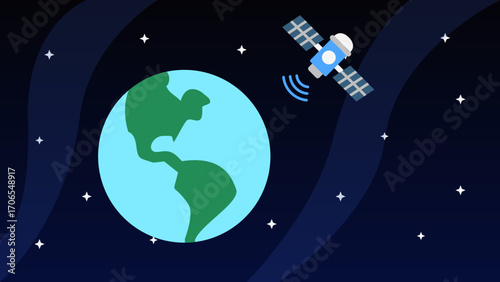 Illustration of a satellite orbiting the earth and transmitting signals. Vector with a space and star background for education, science and technology.