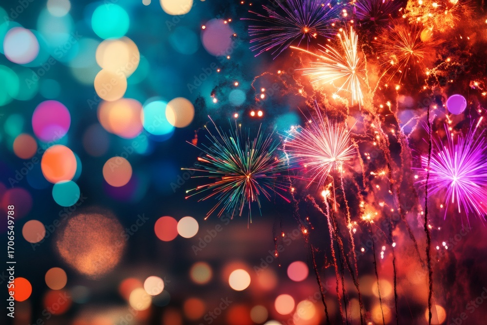 Fototapeta premium Fireworks light up the night sky with bursts of vibrant colors, creating a dazzling spectacle amidst a bokeh background