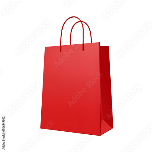 Vibrant red paper shopping bag with twisted handles isolated on black background