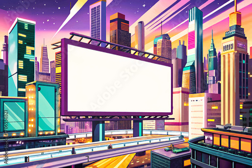 Futuristic cyberpunk cityscape with giant white empty billboard glowing neon lights illustration vector, skyscraper skyline, urban night scene, digital advertising mockup, modern sci-fi background