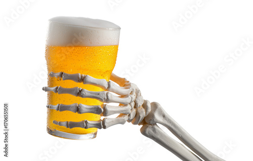 Skeleton hand holding a glass of cold beer with foam and condensation against transparent background. Halloween drinks. 